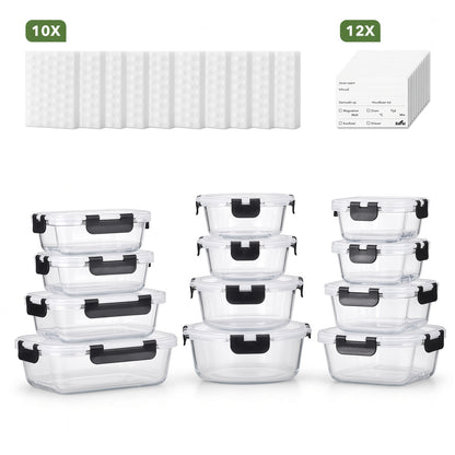 Bardi 12-Delige Glazen Vershoudbakjes – Meal Prep Bakjes Glas met Deksel – BPA & PFAS Vrij – Luchtdicht – Incl. 40 Bardi Prep & Store Labels + 10 Wondersponzen – 6,79L