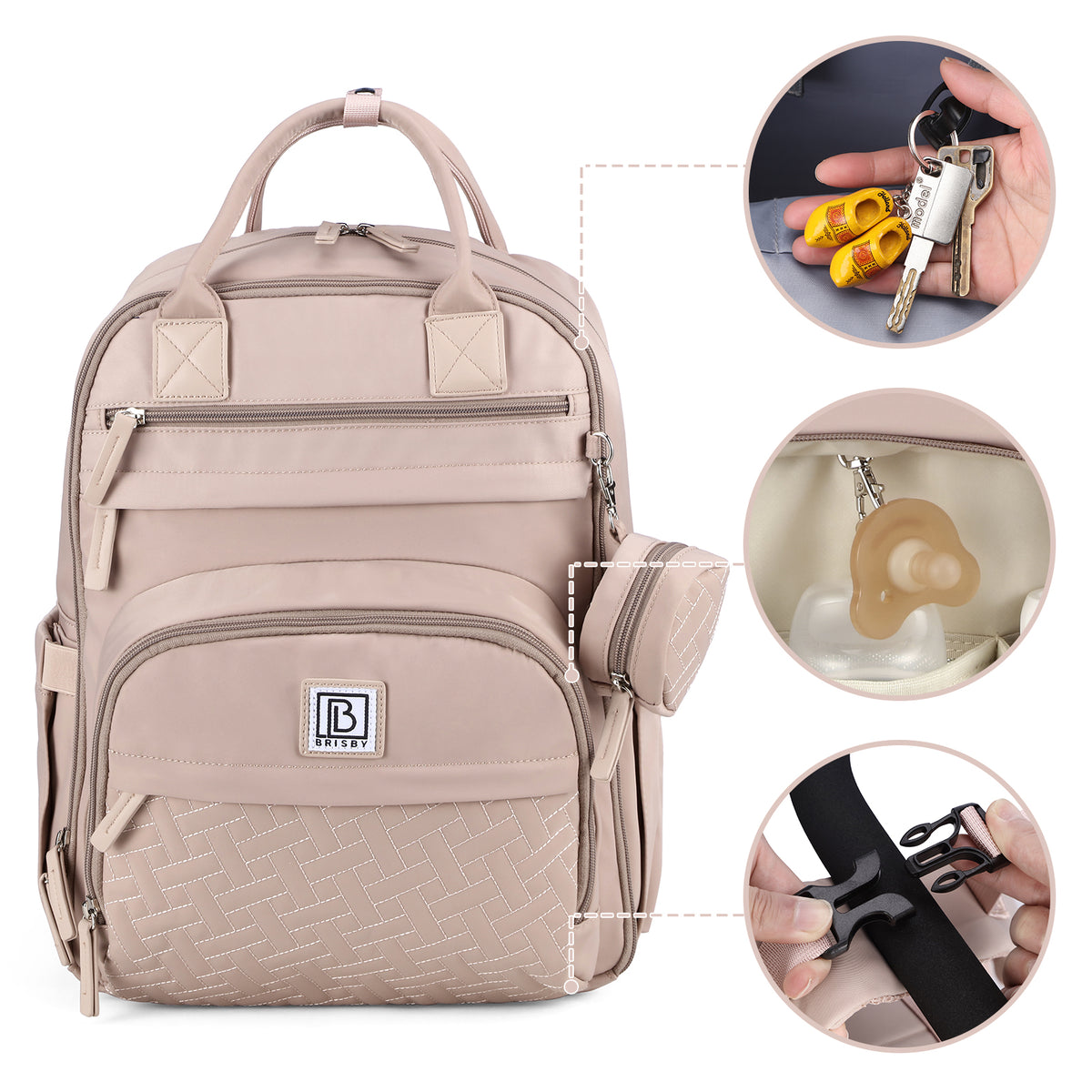Brisby Premium Luiertas – Uitgebreide en Functionele Verzorgingstas – met buggymontage – Anti Diefstal Vakken - Reistrolley Sleeve - Inclusief verschoonmatje t.w.v.15,99 euro en speenhouder - Levenslange Garantie - Muted Rosé