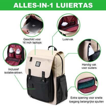 Two-tone slijtvaste luiertas crème en zwart - Verzorgingstas - incl. buggymontage en verschoningsmat