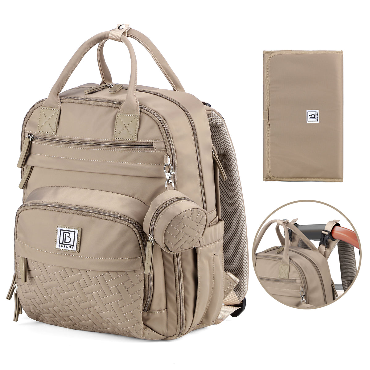 Brisby Premium Luiertas – Uitgebreide en Functionele Verzorgingstas – met buggymontage – Anti Diefstal Vakken - Reistrolley Sleeve - Inclusief verschoonmatje t.w.v.15,99 euro en speenhouder - Levenslange Garantie - Natural Greige