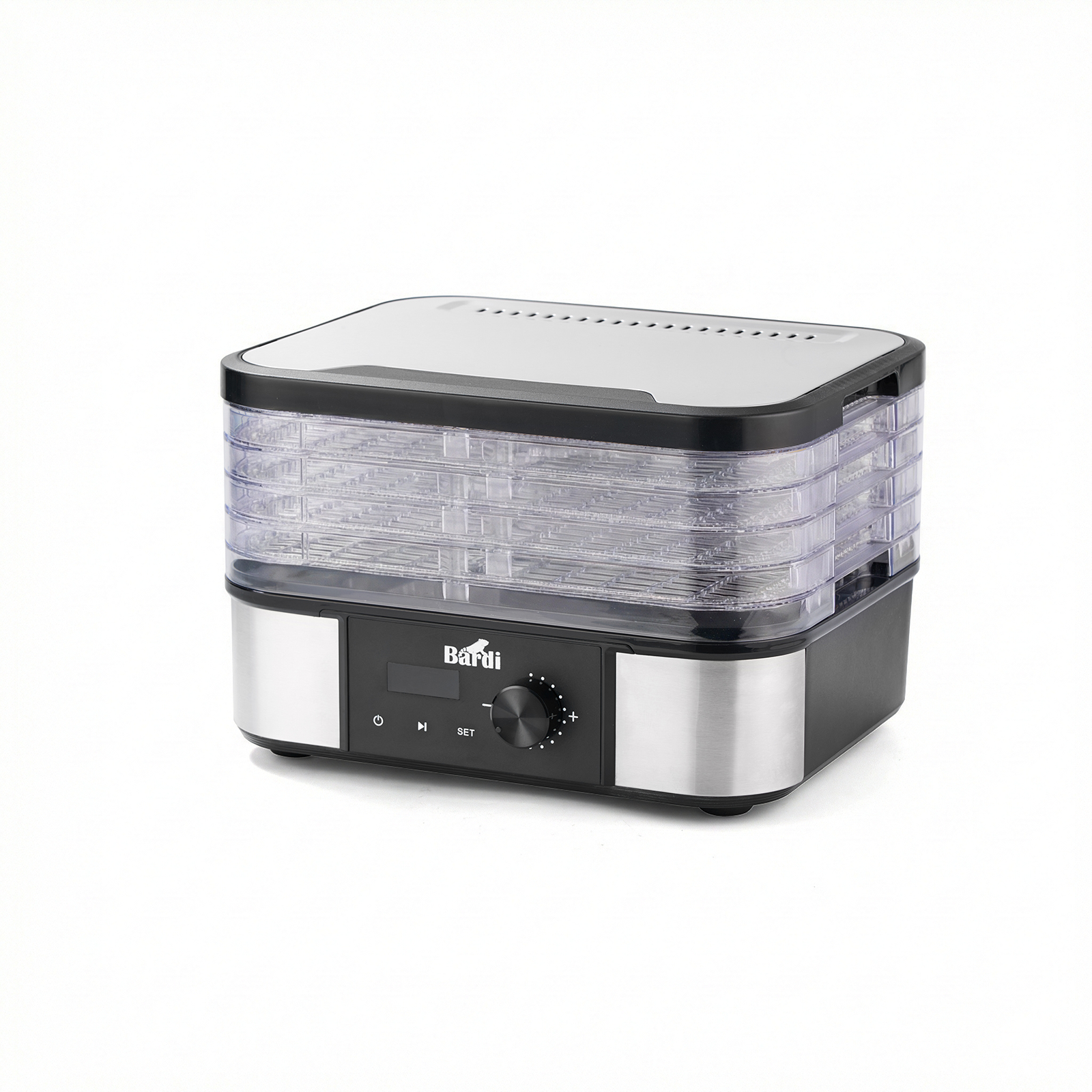 Bardi Voedseldroger 5-laags 350W RVS - 24-uurs timer - led-bedieningspaneel - incl. 5 inlegvellen en voedseltang