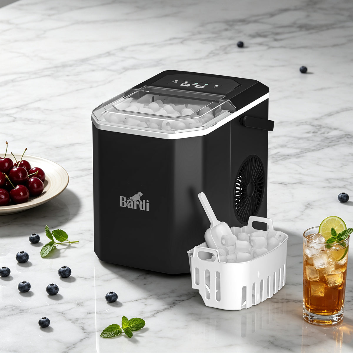 Bardi 1.3L Deluxe IJsblokjesmachine Square – IJsblokmaker Inclusief Luxe Thermosbeker en IJsschep – 9 Blokjes in 8 Minuten – ZWART