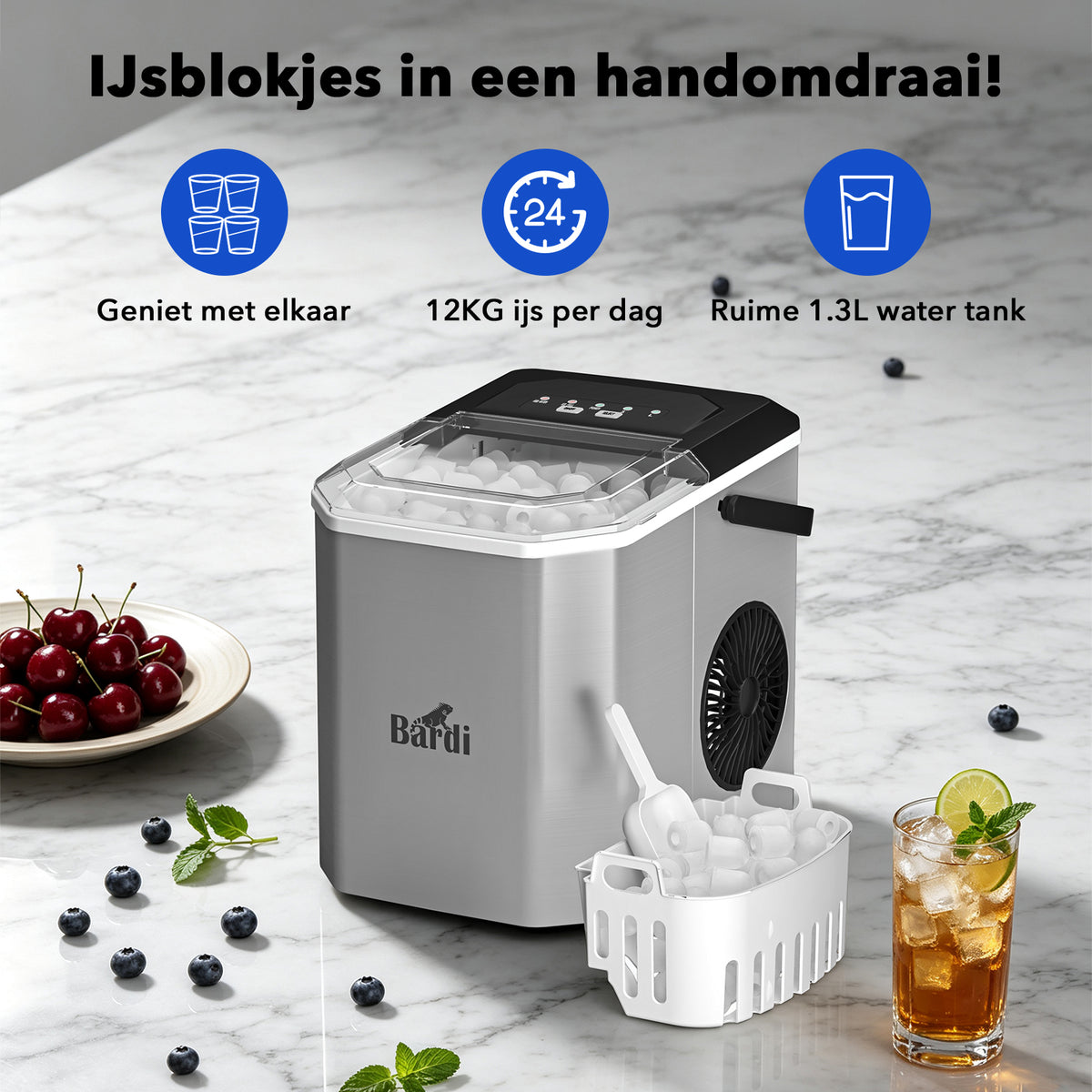 Bardi 1.3L Deluxe IJsblokjesmachine Square – IJsblokmaker Inclusief Luxe Thermosbeker en IJsschep – 9 Blokjes in 8 Minuten – GUNMETAL RVS