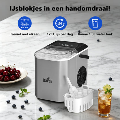 Bardi 1.3L Deluxe IJsblokjesmachine Square – IJsblokmaker Inclusief Luxe Thermosbeker en IJsschep – 9 Blokjes in 8 Minuten – GUNMETAL RVS
