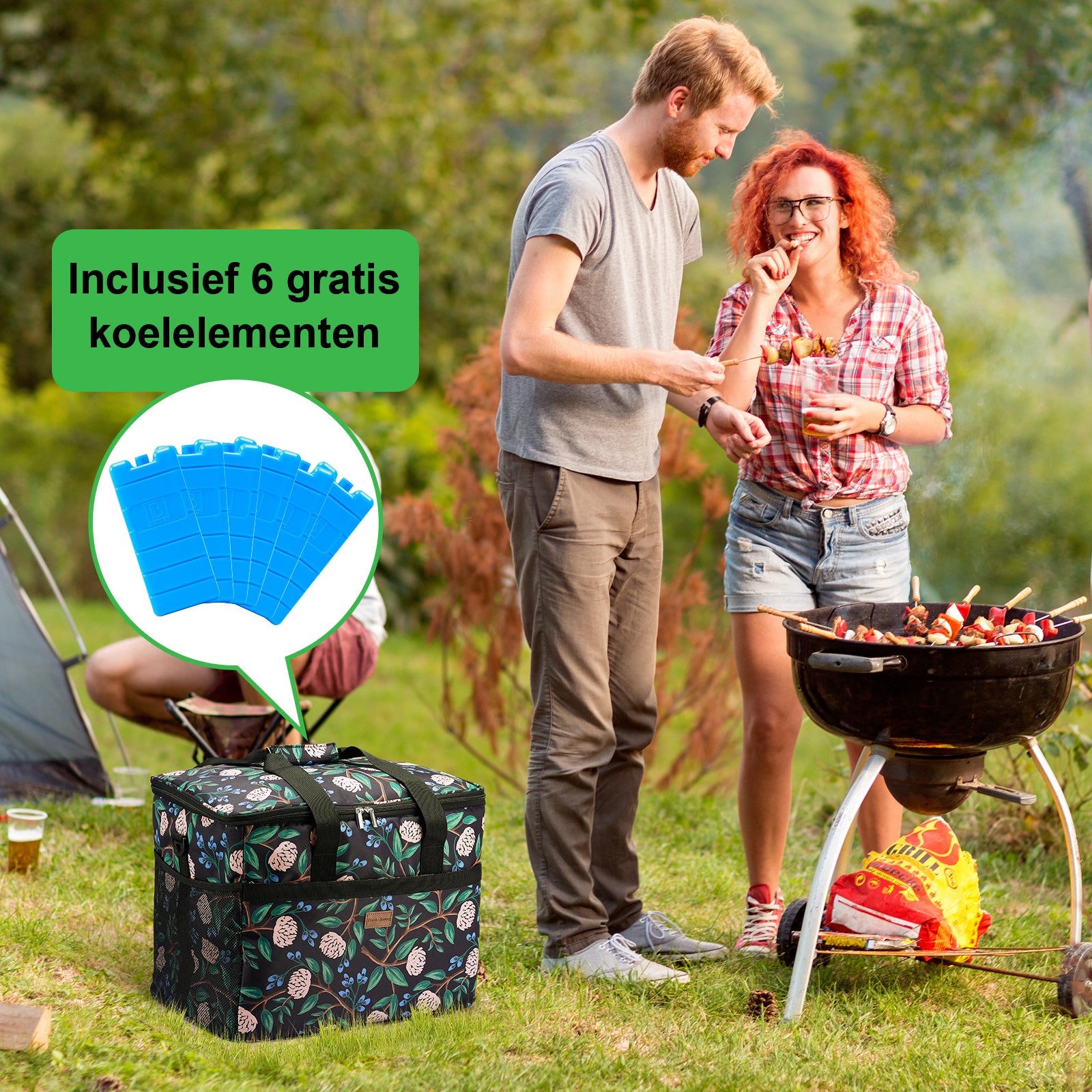 Koeltas 40L passion flower - lunchtas - opvouwbaar - 4-laags geïsoleerd - incl. 6 gratis koelelementen en draagband