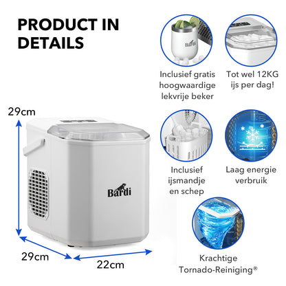Bardi 1.3L Deluxe IJsblokjesmachine Square – IJsblokmaker Inclusief Luxe Thermosbeker en IJsschep – 9 Blokjes in 8 Minuten – WIT