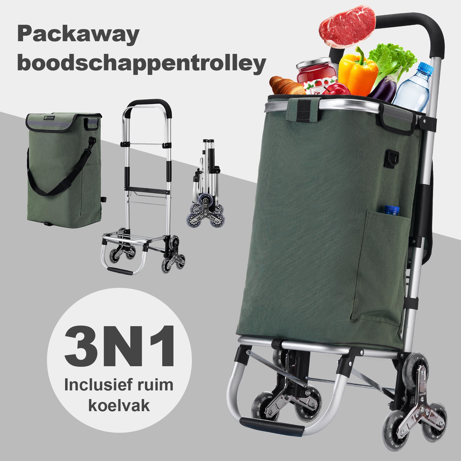 Boodschappentrolley 40L  met trapwielen groen - winkelwagen ophanging - opvouwbaar - telescopisch handvat