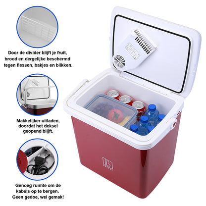 Elektrische koelbox 25L rood - AC/DC 12V, 220/230V - incl. divider en vershoudbakjes - vergrendelbare deksel
