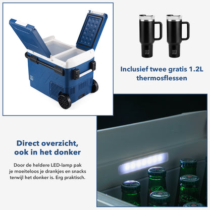 Compressor koelbox 49,1L en 8L koelbox blauw SET - Dual zone - koelen en vriezen - 12V en 230V - verrijdbaar - incl. 2x 1,2L thermosbekers
