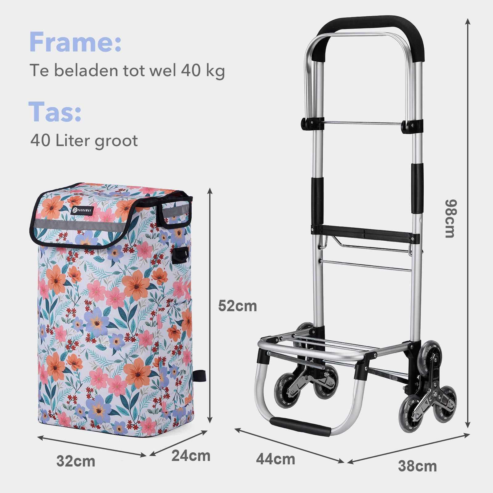 Packaway Boodschappentrolley met Trapwielen 40 Liter - Opvouwbare Boodschappenwagen met ruim Koelvak - Pastel Blossom