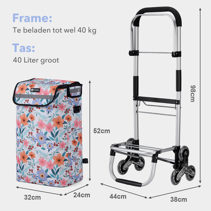 Packaway Boodschappentrolley met Trapwielen 40 Liter - Opvouwbare Boodschappenwagen met ruim Koelvak - Pastel Blossom