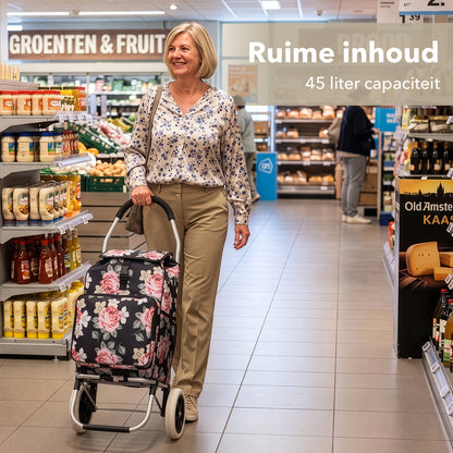 Packaway Boodschappentrolley 45L met Koelvak - Boodschappenwagen met Grote Wielen - Steekwagenfunctie - Waterafstotend - Black Flower