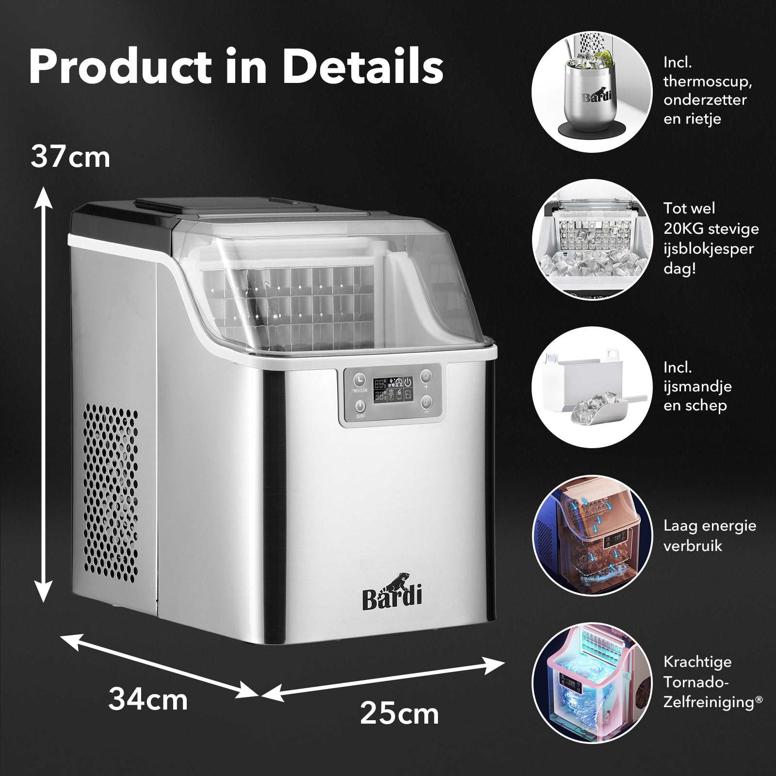 Bardi 3,2L Deluxe IJsblokjesmachine - Vierkante IJsblokmaker - LCD Display - 20Kg/24 uur. inclusief Thermosbeker en IJsschep- RVS met citruspers ZWART