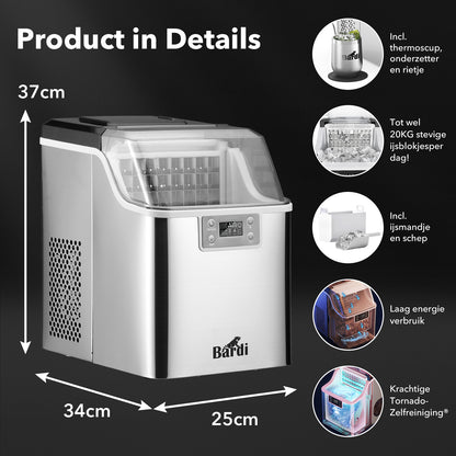 Bardi 3,2L Deluxe IJsblokjesmachine - Vierkante IJsblokmaker - LCD Display - 20Kg/24 uur. inclusief Thermosbeker en IJsschep- RVS met citruspers ZWART