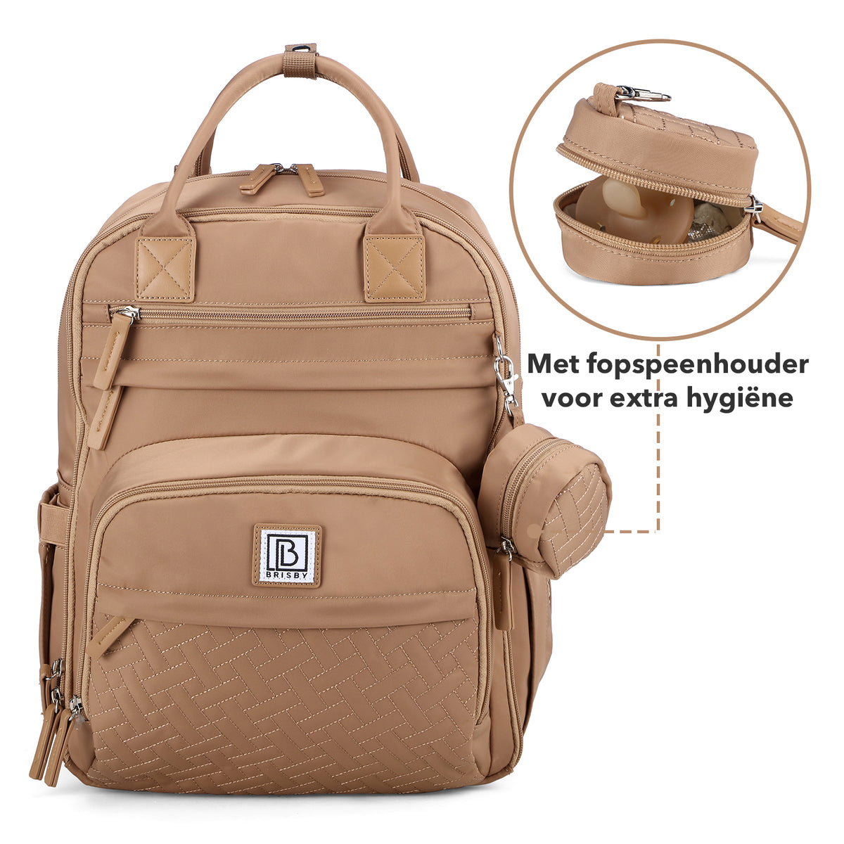 Brisby Premium Luiertas – Uitgebreide en Functionele Verzorgingstas – met buggymontage – Anti Diefstal Vakken - Reistrolley Sleeve - Inclusief verschoonmatje t.w.v.15,99 euro en speenhouder - Levenslange Garantie - True Terracotta