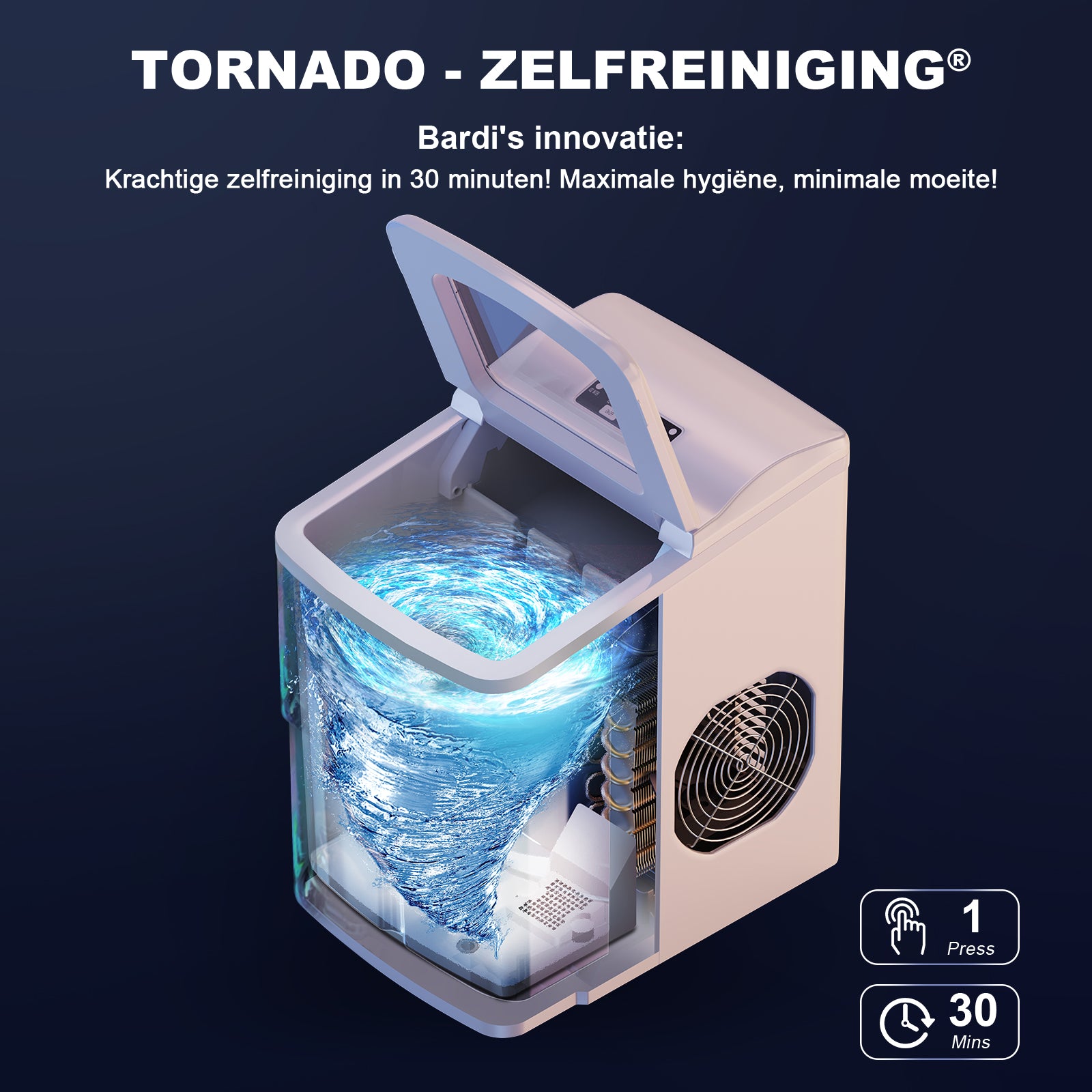 Bardi IJsblokjesmachine Set - 2 Liter - 12KG IJsblokjes in 24 uur - met IJsschep - Inclusief 1 Luxe Thermosbeker - Wit - Citruspers Zwart