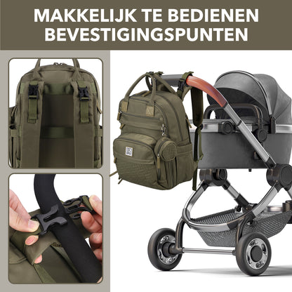 Brisby Premium Luiertas – Uitgebreide en Functionele Verzorgingstas – met buggymontage – Anti Diefstal Vakken - Reistrolley Sleeve - Inclusief verschoonmatje t.w.v.15,99 euro en speenhouder - Levenslange Garantie - Olive Green