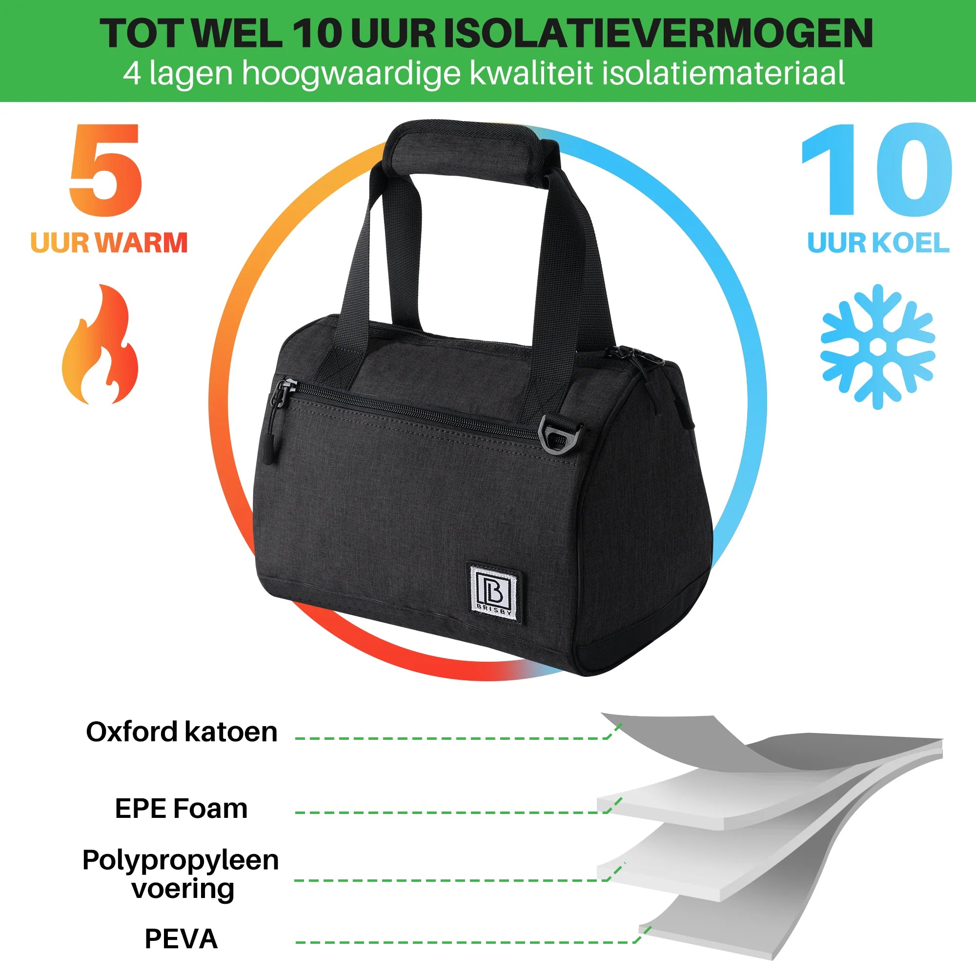 Koeltas 10L zwart -  Lunchtas - 4-laags geïsoleerd - 2 gratis koelelementen - incl. schouderband