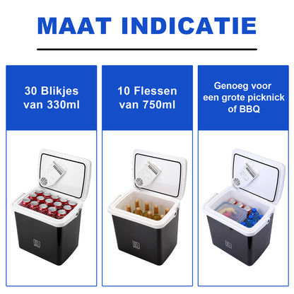Elektrische koelbox 25L zwart - AC/DC 12V, 220/230V - incl. divider en vershoudbakjes - vergrendelbare deksel