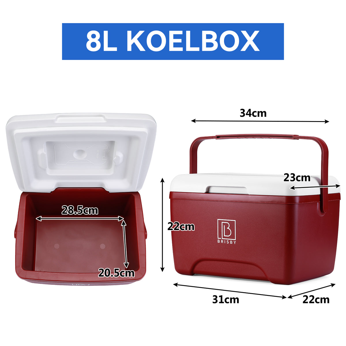 Brisby Koelbox - Frigobox - 8L - Rood - Tot maximaal 40 uur isolatie - Incl. 2 dikke koelelementen van 450ml - Met koelelementen vergrendeld in deksel en Brisby 500ml Zwarte Dubbelwandige Thermosfles
