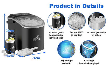 Bardi Deluxe Ice Cube Machine 1.2L black - Self-cleaning function - ice cube maker with ice scoop - Incl. luxury thermos cup and ice scoop