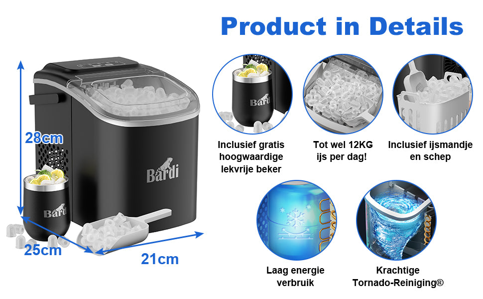 Bardi Deluxe Ice Cube Machine 1.2L black - Self-cleaning function - ice cube maker with ice scoop - Incl. luxury thermos cup and ice scoop