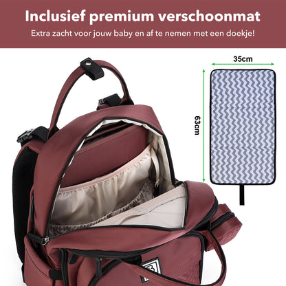 Premium luiertas rood - uitgebreide en functionele verzorgingstas - met buggymontage - anti diefstal vakken - reistrolley sleeve - incl. verschoonmatje en speenhouder - levenslange garantie