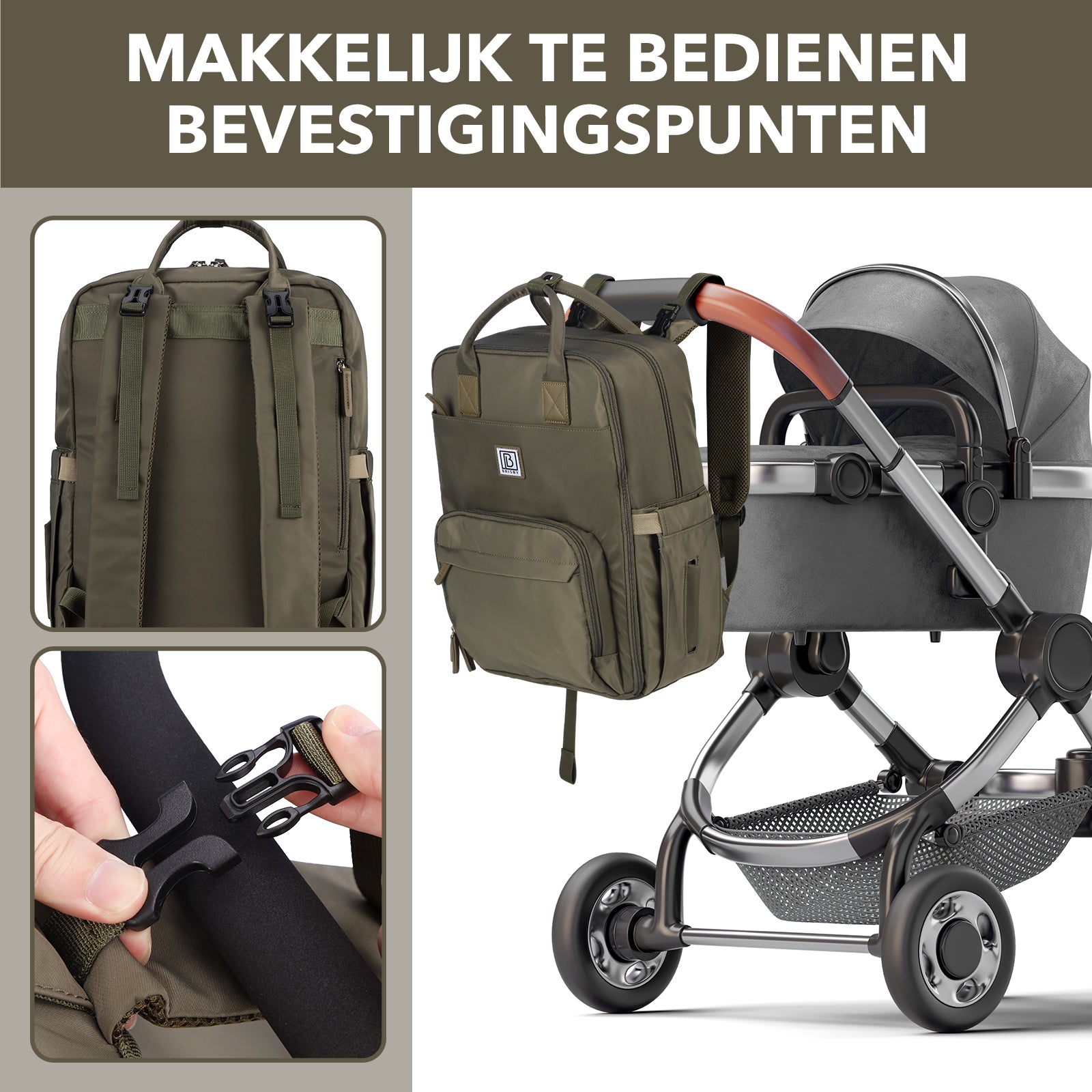 Brisby slijtvaste Luiertas – verzorgingstas – met buggymontage - Olive Green
