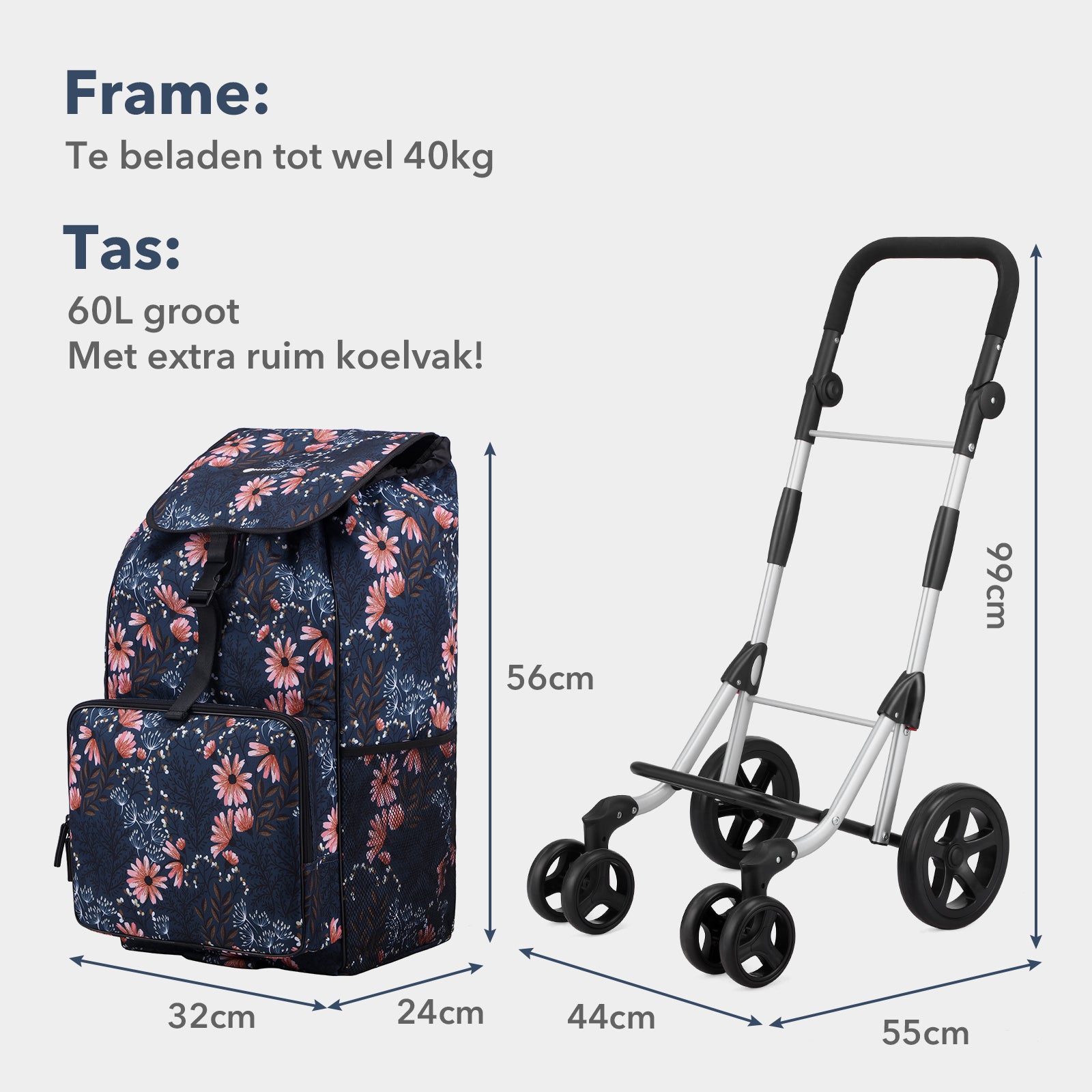 Packaway Boodschappentrolley met 4 wielen - boodschappenwagen deluxe met koelvak en verstelbaar handvat – 60 liter – Japanese Flower