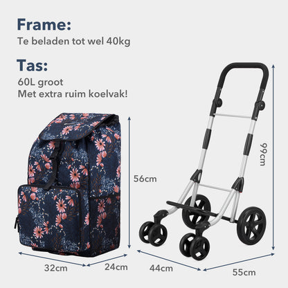Packaway Boodschappentrolley met 4 wielen - boodschappenwagen deluxe met koelvak en verstelbaar handvat – 60 liter – Japanese Flower
