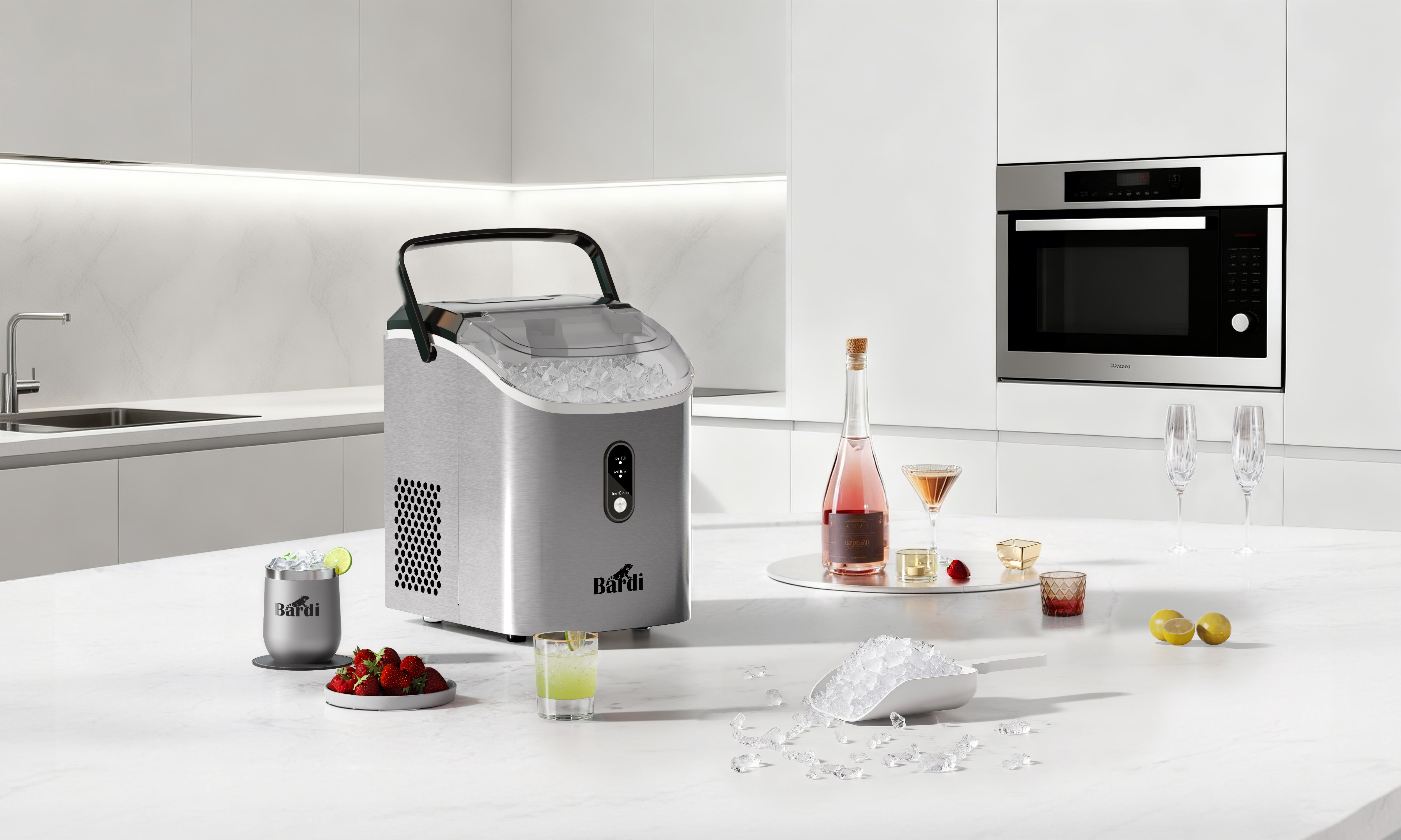 Bardi 1.1L - Nugget IJsblokjesmachine Rond - Crushed Ice Maker met IJsschep - 15kg/24 uur - Ijsblokjesmaker - Met Luxe Thermosbeker - RVS - Citruspers RVS