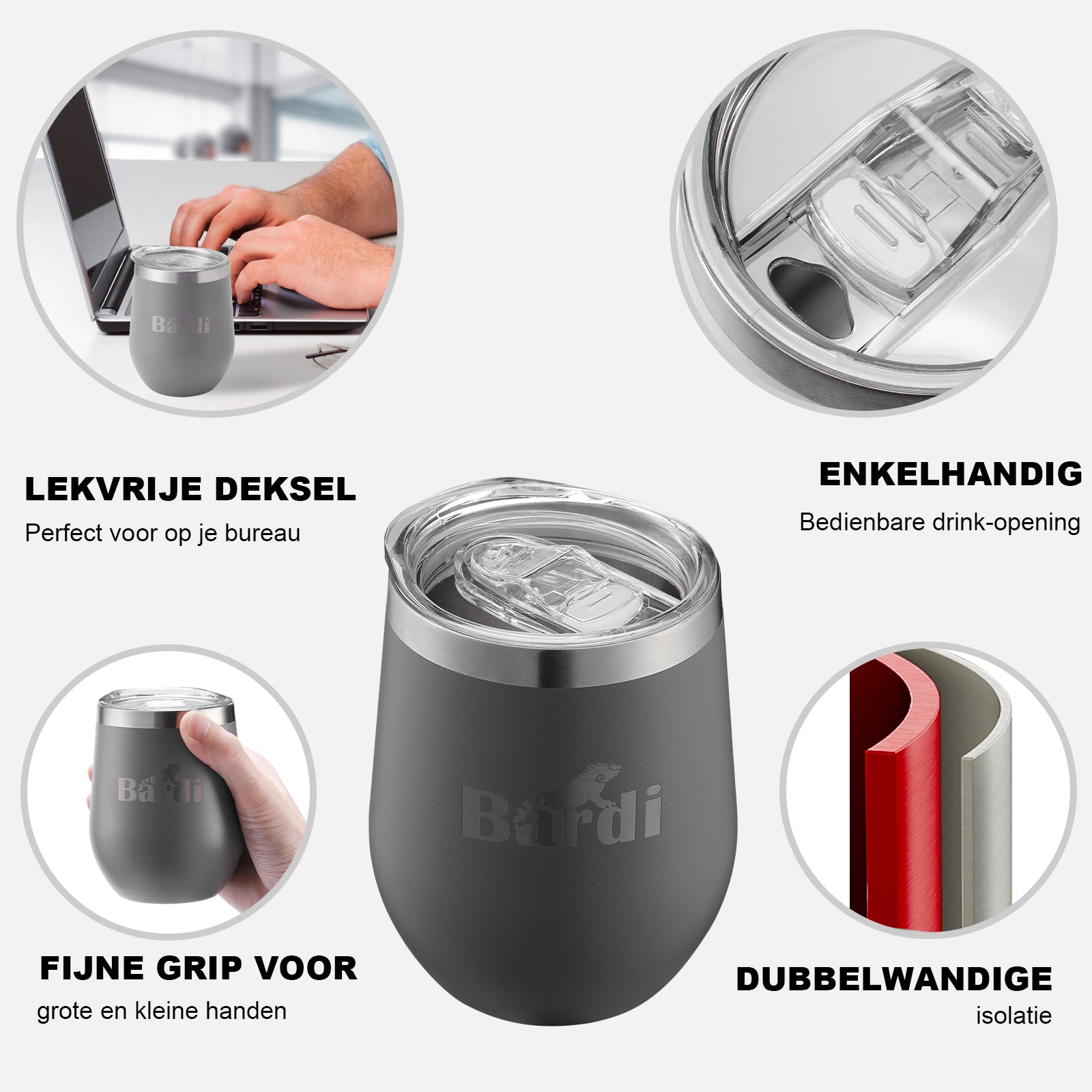 Bardi Thermosbekers 0,3L RVS grijs set -  incl. deksels - dubbelwandig