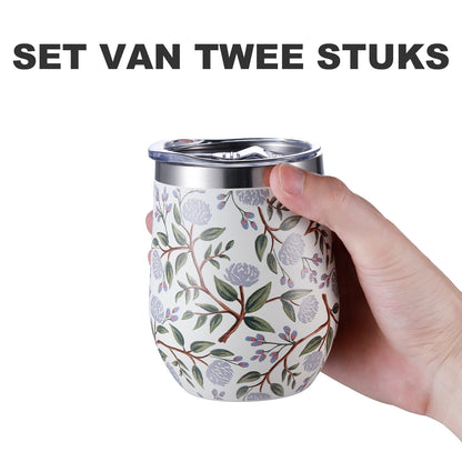 Thermosbeker set white flower - 2 bekers met lekvrije deksels - dubbelwandig - 360ml