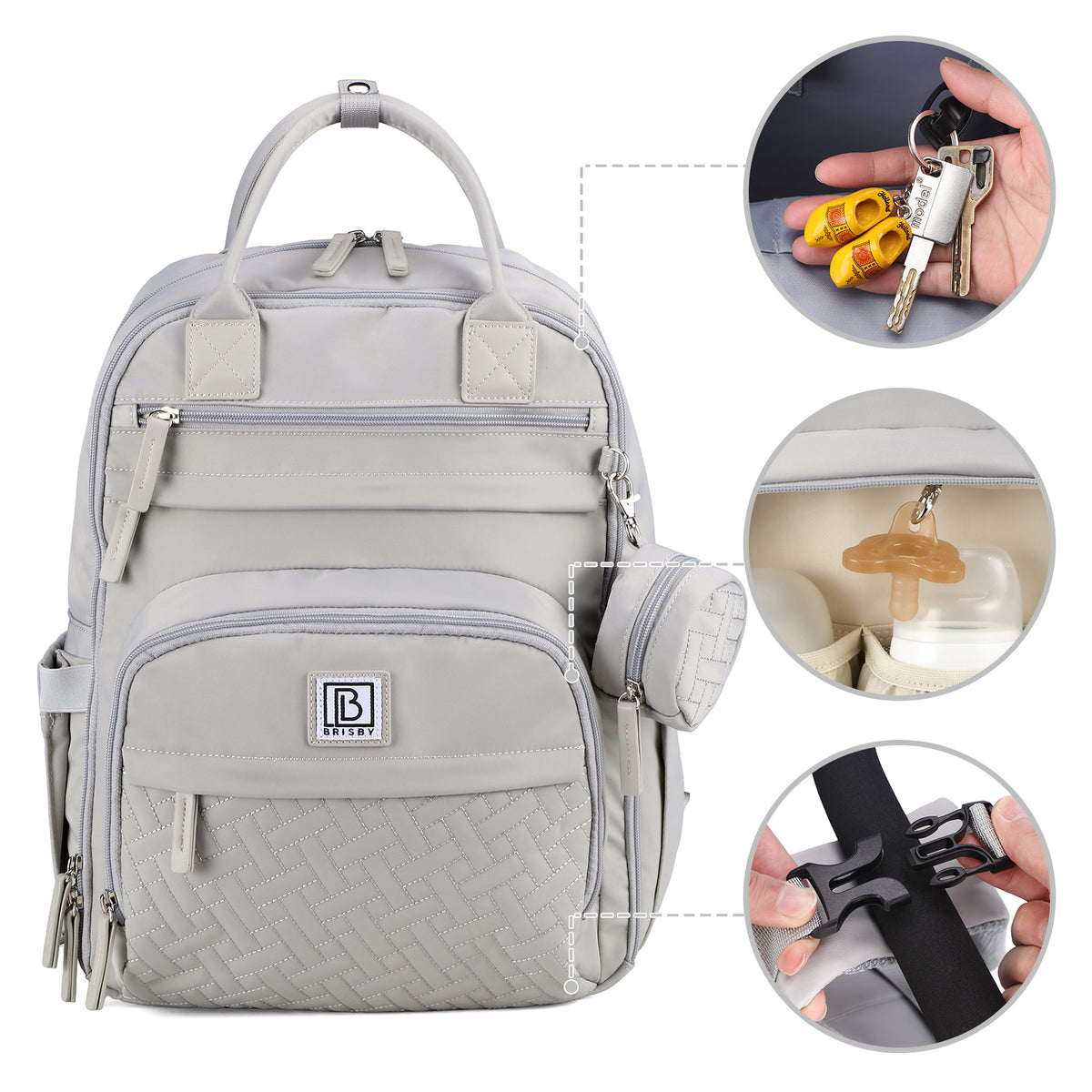 Brisby Premium Luiertas – Uitgebreide en Functionele Verzorgingstas – met buggymontage – Anti Diefstal Vakken - Reistrolley Sleeve - Inclusief verschoonmatje t.w.v.15,99 euro en speenhouder - Levenslange Garantie -Modern Grey