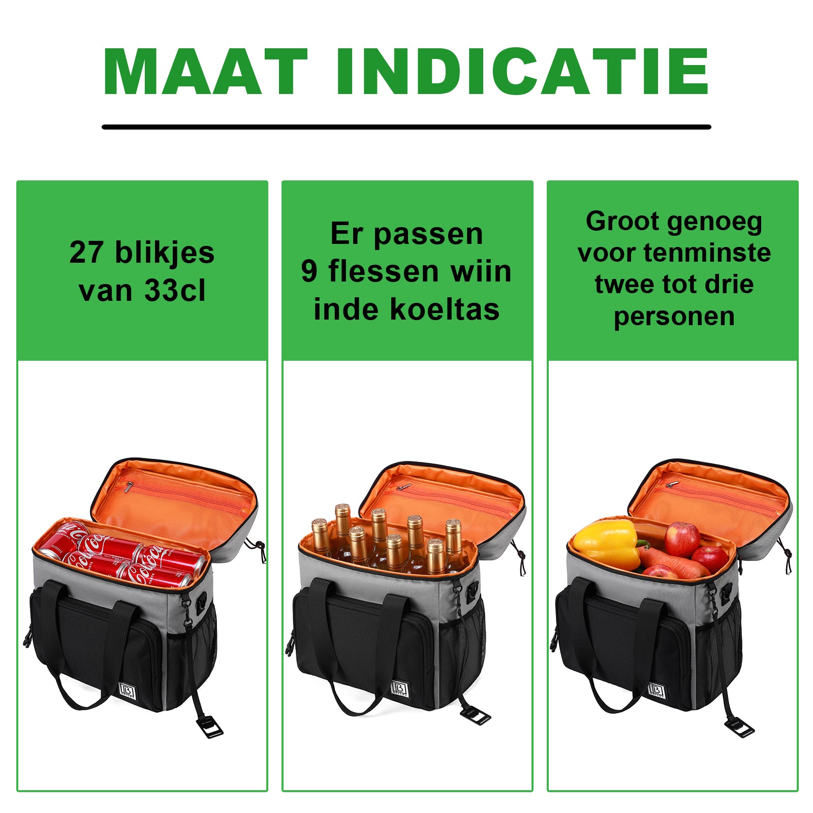 Koeltas 15L zwart grijs met oranje binnenzijde - Lunchtas - 4-laags geïsoleerd - 2 gratis koelelementen - incl. schouderriem