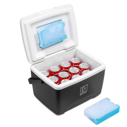 Brisby Koelbox - Frigobox - 8L - Zwart - Tot maximaal 40 uur isolatie - Incl. 2 dikke koelelementen van 450ml - Met koelelementen vergrendeld in deksel en Brisby 500ml Zwarte Dubbelwandige Thermosfles
