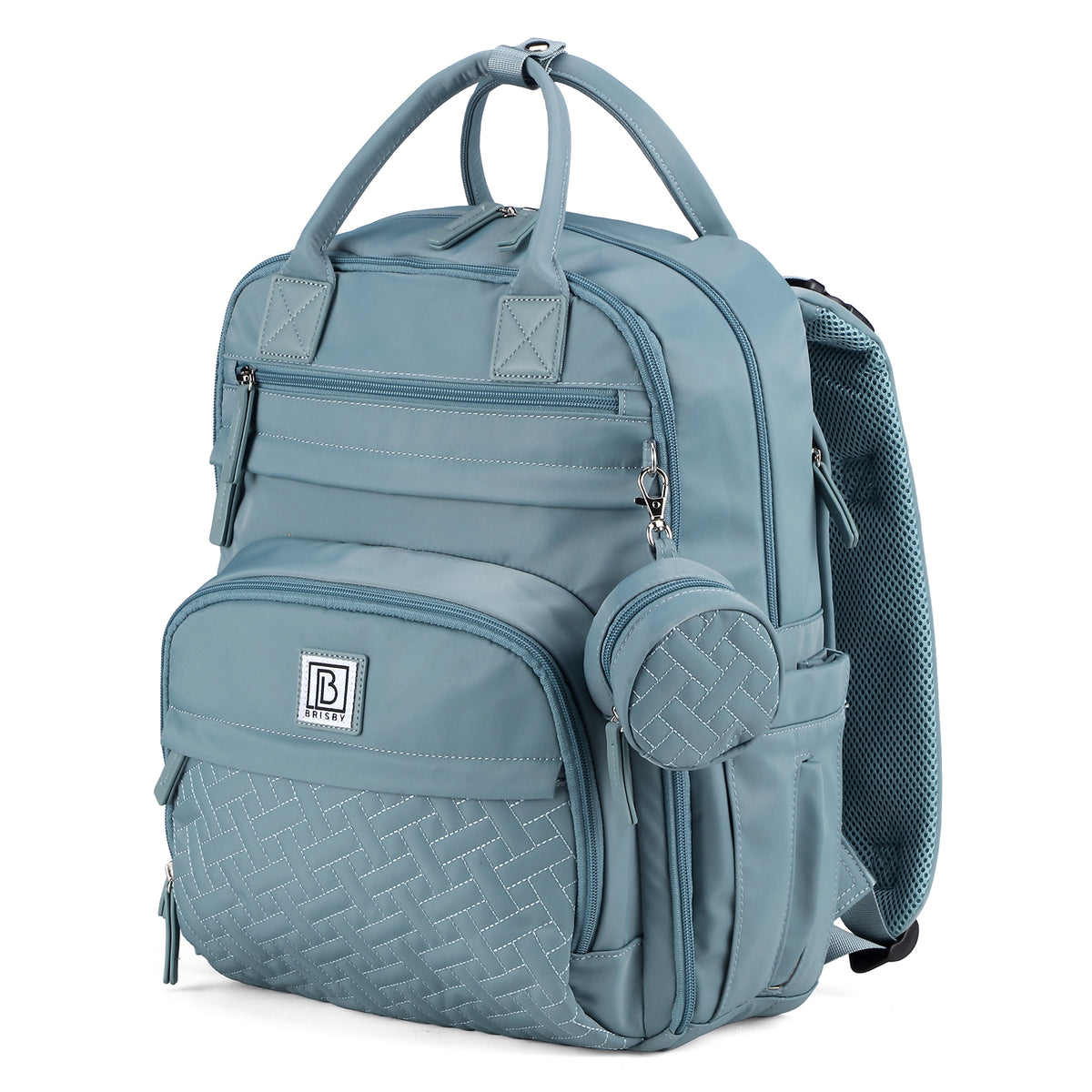 Brisby Premium Luiertas – Uitgebreide en Functionele Verzorgingstas – met buggymontage – Anti Diefstal Vakken - Reistrolley Sleeve - Inclusief verschoonmatje t.w.v.15,99 euro en speenhouder - Levenslange Garantie - Misty Blue
