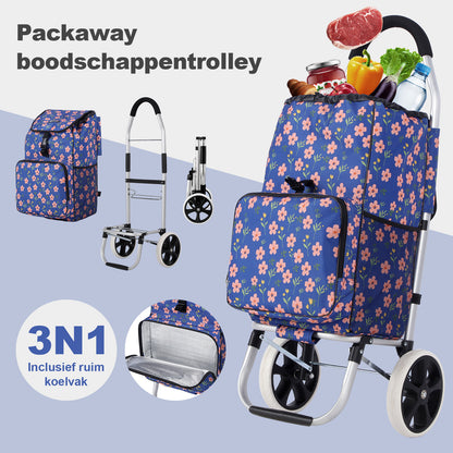 Packaway Boodschappentrolley 45L met Koelvak - Boodschappenwagen met Grote Wielen - Steekwagenfunctie - Waterafstotend - Blue Blossom