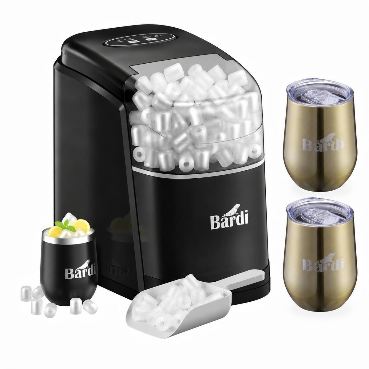 Bardi IJsblokjesmachine set 1,6L zwart - incl. 3 thermoscups goud en ijsschep