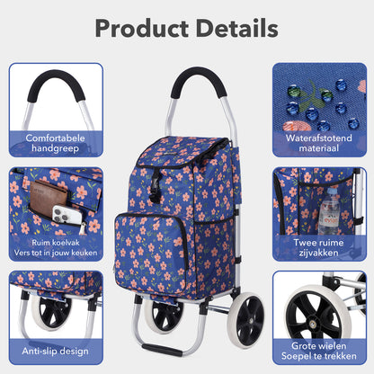 Packaway Boodschappentrolley 45L met Koelvak - Boodschappenwagen met Grote Wielen - Steekwagenfunctie - Waterafstotend - Blue Blossom