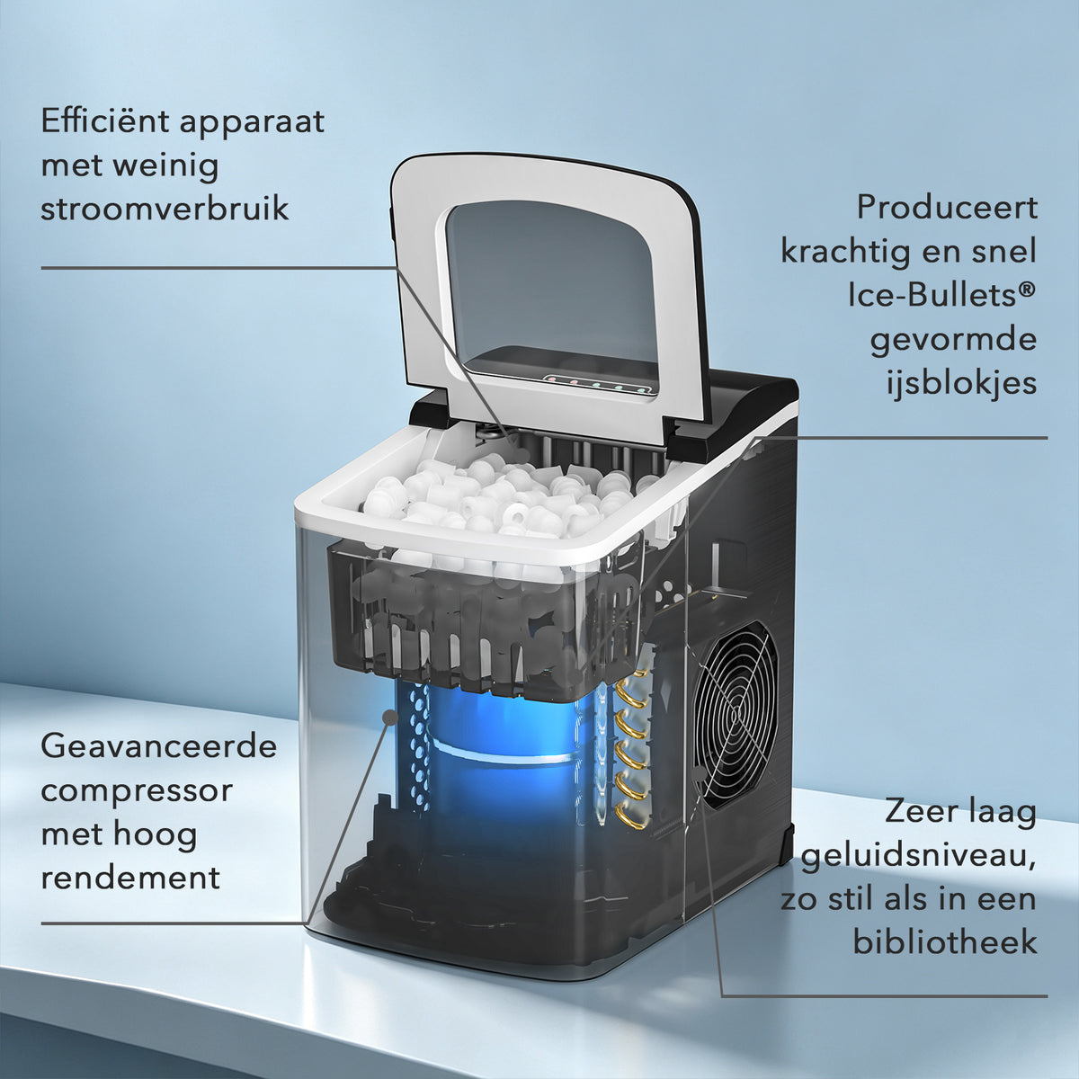 Bardi 2.0L Deluxe IJsblokjesmachine – IJsblokmaker Inclusief Luxe Thermosbeker en IJsschep – 9 Blokjes in 8 Minuten – GUNMETAL RVS