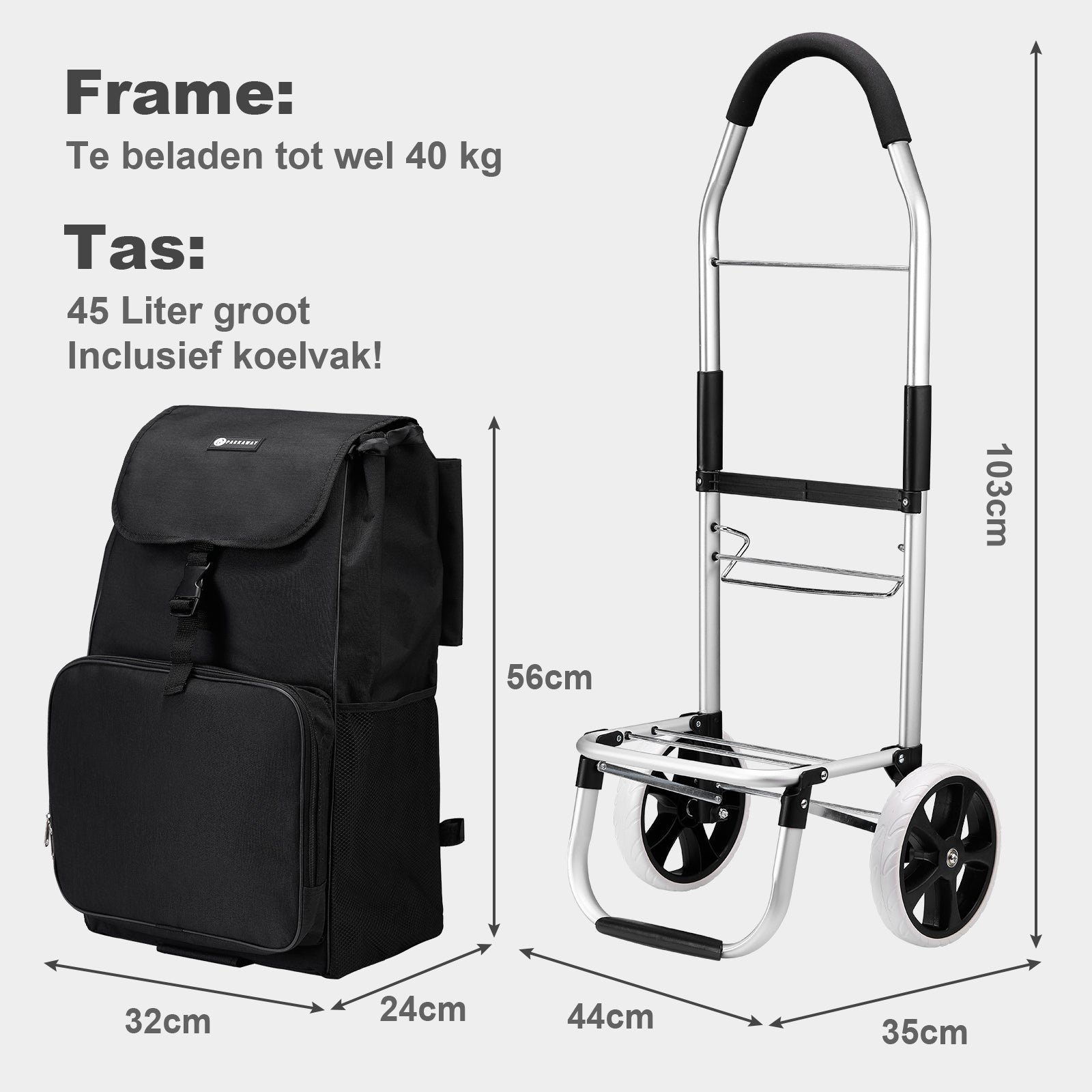 Boodschappentrolley 45L zwart - winkelwagen ophanging - opvouwbaar - telescopisch handvat