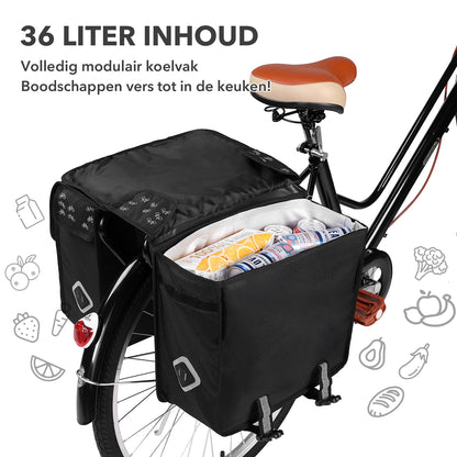 Packaway Dubbele Fietstassen met koelvak - Uitneembare koelzak- Waterdicht-Fietspatroon-36L-Zwart