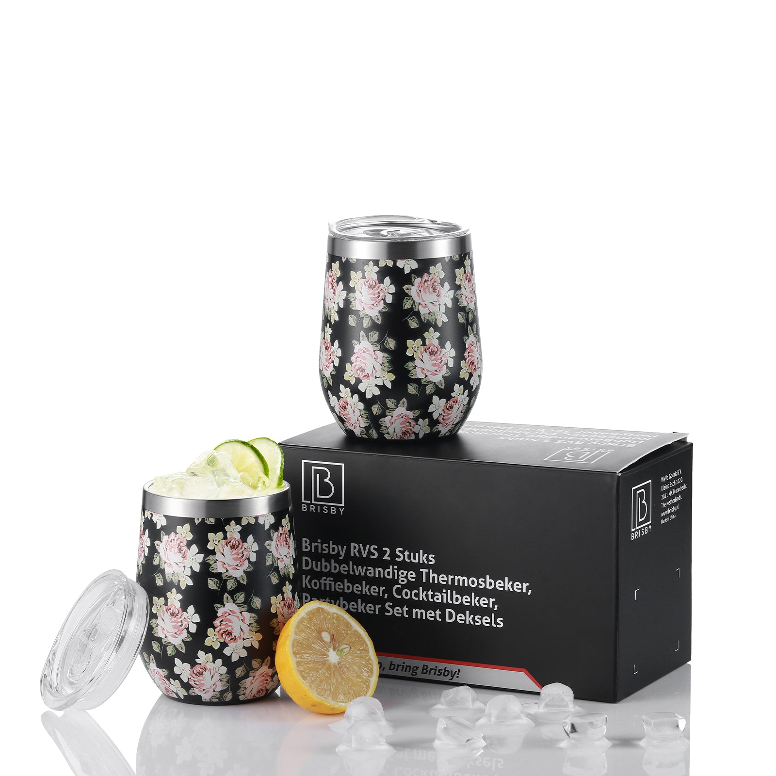 Thermosbeker set black flower - 2 bekers met lekvrije deksels - dubbelwandig - 360ml