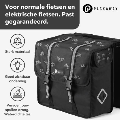 Packaway Dubbele Fietstassen met koelvak - Uitneembare koelzak- Waterdicht-Fietspatroon-36L-Zwart