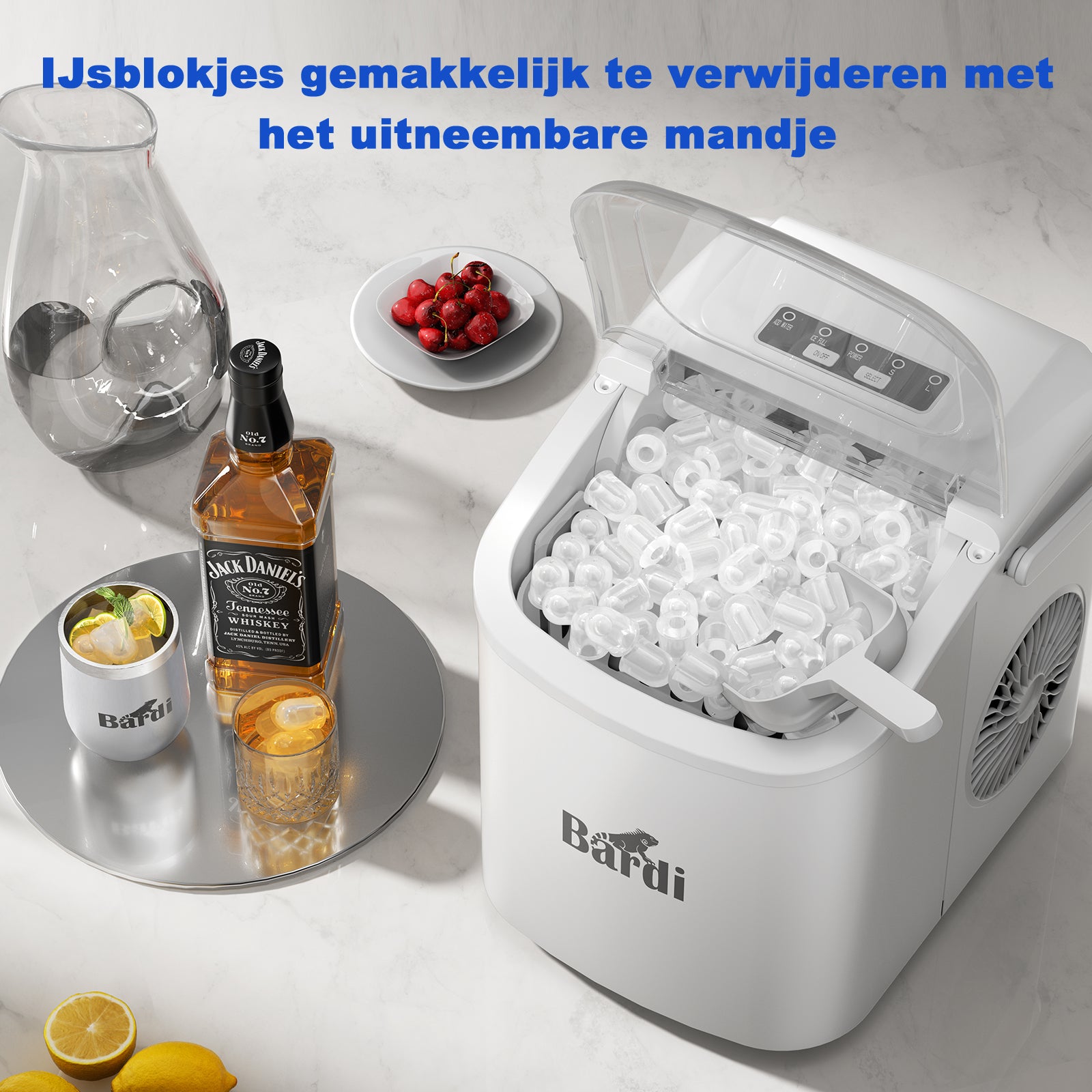 Deluxe IJsblokjesmachine 1,2L wit - zelfreinigingsfunctie - incl. luxe thermosbeker en ijsschep