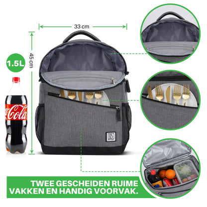 Koeltas 25L donkergrijs - rugzak - 4-laags geïsoleerd - waterafstotend - incl. 2 gratis koelelementen en bieropener