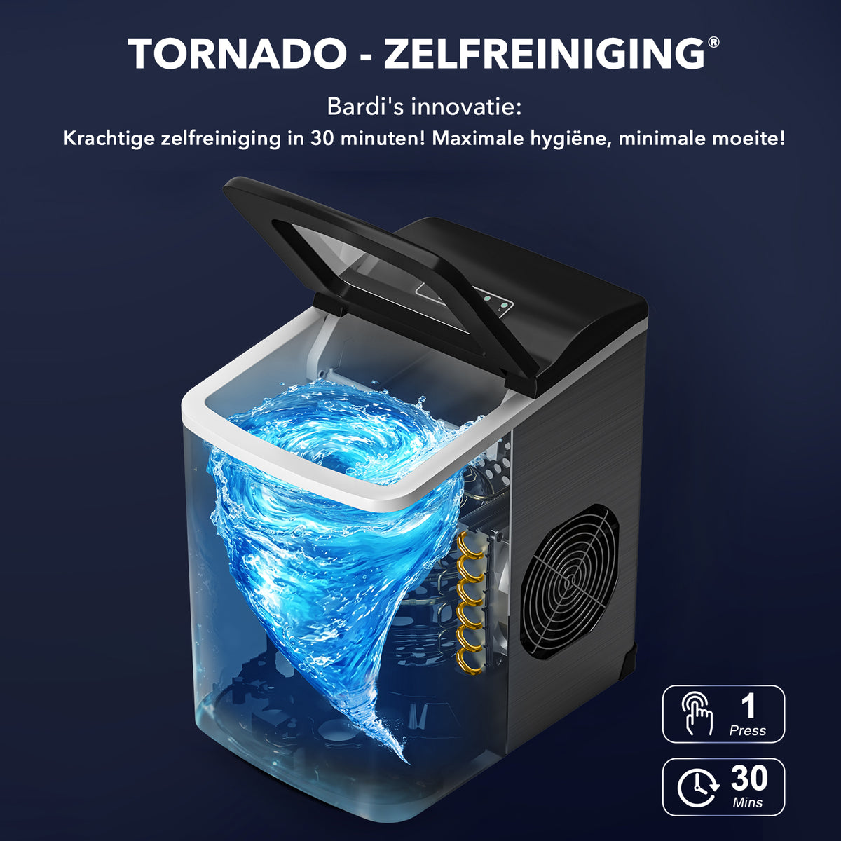 Bardi 2.0L Deluxe IJsblokjesmachine – IJsblokmaker Inclusief Luxe Thermosbeker en IJsschep – 9 Blokjes in 8 Minuten – GUNMETAL RVS