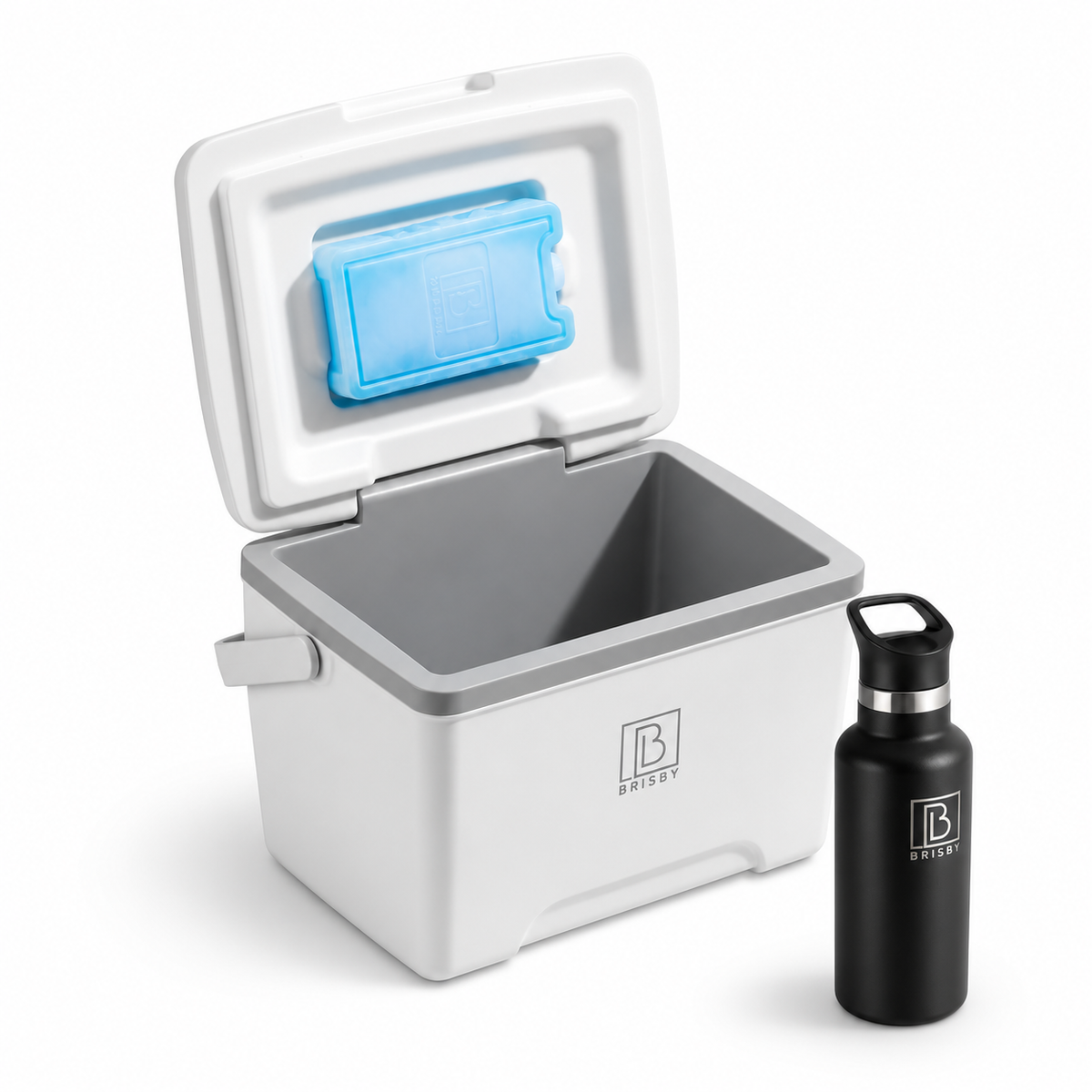 Brisby Koelbox - Frigobox - 8L - Wit- Tot maximaal 40 uur isolatie - Incl. 2 dikke koelelementen van 450ml - Met koelelementen vergrendeld in deksel en Brisby 500ml Zwarte Dubbelwandige Thermosfles
