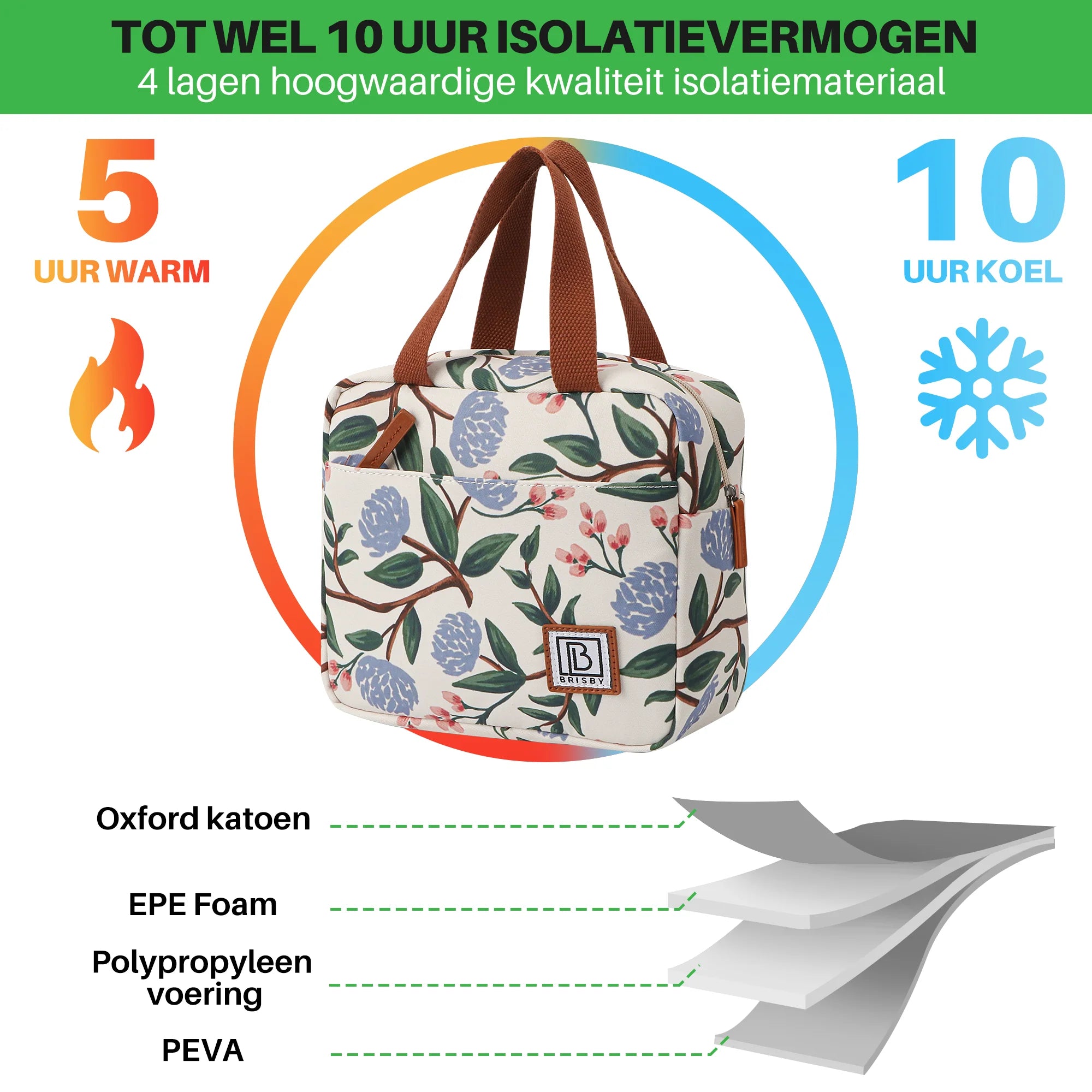 Koeltas 4L witte bloemen - 4-laags geïsoleerd - gratis koelelement